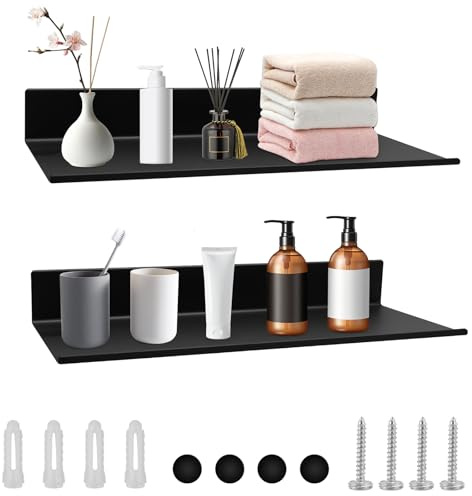WJMY 2 Stück Wandregal Metall Bilderleiste Regal Wand Schwarz 30cm | Hängeregal Wandboard Schweberegal Wand Shelf Akustikpaneele Zubehör für Schlafzimmer, Badezimmer, Küche Deko Schwarz