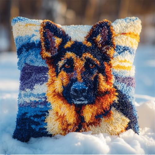 Taxpy Knüpfkissen Set Deutscher Schäferhund Im Schnee 43X43Cm Knüpfkissen Set Für Anfänger Erwachsene Oder Kinder Zum Selber Knüpfen,Diy Knüpfteppich Knüpfpackung