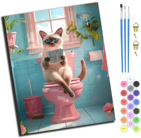XIAOYOUQIAN Rosa Toilette Lesende Katze Siamkatze,Malen Nach Zahlen Erwachsene 40X50Cm,Mit Pinsels Und Acrylfarbe Kit,Diy Handgemalt Ölgemälde Für Geschenke Und Wandbilder Wohnzimmer,Ohne Rahmen