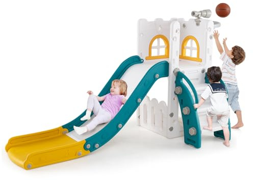 COSTWAY 6 en 1 Toboggan Enfant en HDPE avec Panier de Basket & Télescope, Aire de Jeux Intérieure avec Échelle & Espace de Rangement, Cadeaux pour Garçons et Filles de 12 Mois+ (Jaune+Vert)