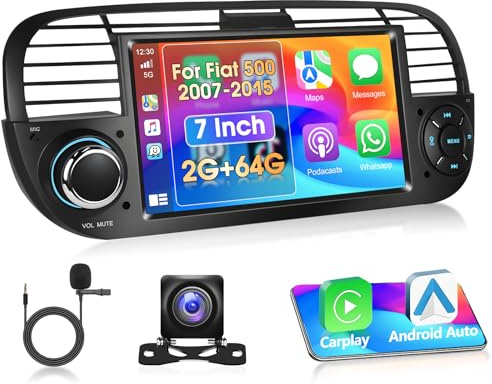 Motorsi Autoradio Android 15 per Fiat 500 2007-2015 A-pple Carpaly 7'' IPS Touchscreen 1 DIN Radio Stereo Quad-core 2+64G Autoradio Bluetooth 5.0 GPS/Android Auto/WiFi Radio/FM/RDS,Telecamera