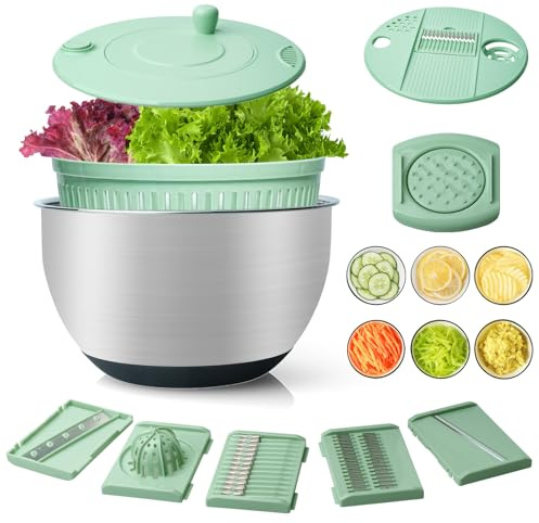 4L Stainless Steel Salad Spinner, Fruit Vegetable Washer, Lettuce Spinner Dryer Bowl with Slicer Shredder & Egg Yolk Strainer, Dishwasher Safe for Kitchen Salad Prep & Efficient Cooking