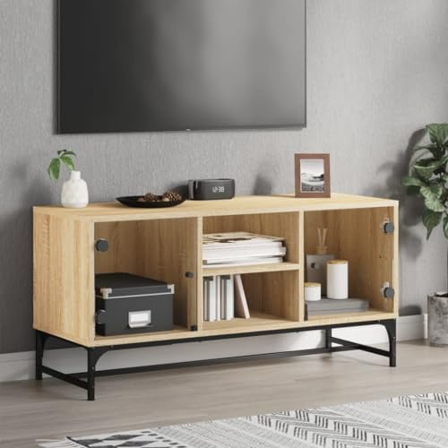 Youuihom Fernsehschrank Sonoma Eiche 102x37x50 cm Lowboard mit Glastüren Viel Stauraum Modernes TV Sideboard für Wohnzimmer Büro Flur