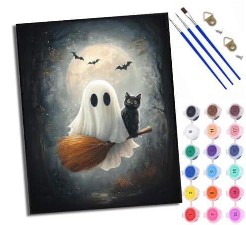 WXRWANG Paint by Number for Adults Beginner Canvas Ghost Black cat Riding a Broom Choice for Birthday Anniversary or Any Festival DIY Acrylic Painting Kit for Room Decor 16x20 inch with Frame