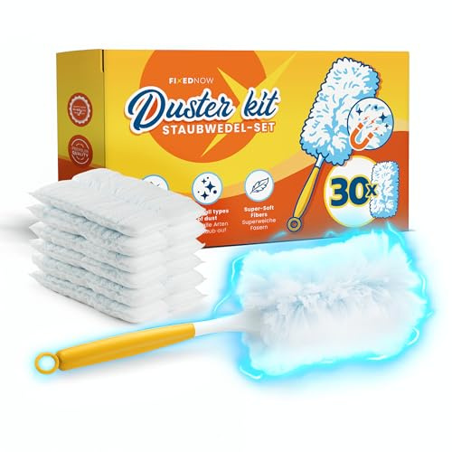 FixedNow 30 Panni Catturapolvere XXL per Swiffer Duster - Kit Starter Piumini Swiffer con Manico & Impugnatura - Ricariche Swiffer Duster, Panni di Ricambio Cattura Polvere per Casa & Auto