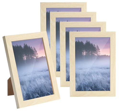 runxsam 5 Pz Cornice Foto 10x15 cm, Piccole Cornici in Legno Vintage, Set Cornici Foto da Parete in MDF per Esposizione a Parete, Tavolo, Soggiorno, Camera da Letto, Ufficio, Corridoio, Legno Chiaro