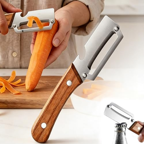 Pelador Multifuncional Con Hoja Y Abrebotellas, Mangos De Acero Inoxidable, Hoja De Acero Inoxidable Ultraafilada – Pelador De Acero Para Verduras Duras, Papaya, Pepinos Y Calabacines (A)