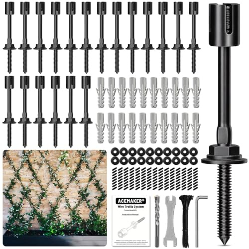 Acemaker Juego de 20 enrejados de alambre negro para plantas trepadoras al aire libre, kit de enrejado de pared para cuerdas de alambre de 5/64 pulgadas (2 mm), sistema de espalderas T316 para