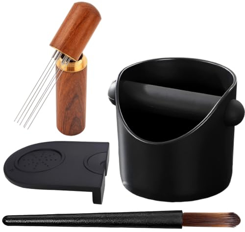 4 Pcs Coffee Machine Accessories, Coffee Knock Box and Tamping Mat Set, 4-Piece Barista Tools with Mini Coffee Puck Bin, Compatible with Various Coffee Machines, Durable Wooden Construction
