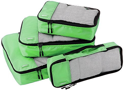 Amazon Essentials 4-teiliges Packwürfel-Reisezubehörset, Gepäckorganizer mit Doppelreißverschluss, Netzoberseite, 100% Polyester, klein/mittel/groß/schmal, grün (früher Amazon Basics)