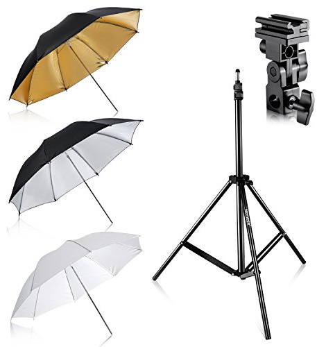 NEEWER Blitzschuh Set mit DREI Schirmen 84cm weißer Softschirm, silberner Reflektorschirm, Goldener Reflektorschirm für Canon 430EX II 580EX II, Nikon SB600 SB800, Yongnuo YN 560 YN 565, NEEWER TT560