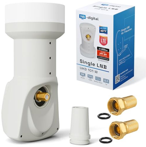 hb-digital Single LNB - Test SEHR GUT* - für 1 Teilnehmer LTE Filter 1-Fach Full HD 4K 0.1dB mit Wetterschutz + 2X F-Stecker für TV Fernseher SAT Receiver Satellitenschüssel - Weiss