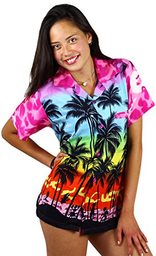 V.H.O. Funky Hawaii-blus, Hawaii-skjorta, kortärmad med framficka, Hawaii-tryck med strand och palmer, i olika färger, S