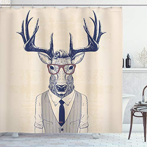 ABAKUHAUS Hipster Duschvorhang, Humanisierte Manly Deer Art, Stoffliches Gewebe Badezimmerdekorationsset mit Haken, 175 x 200 cm, Indigo Champagne