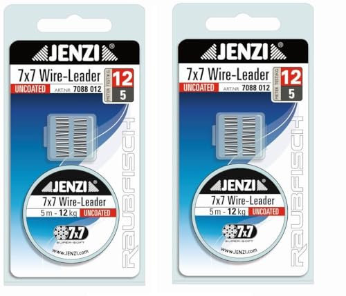 Set: 2 x Jenzi Stahl Vorfach, Powerflex, 7x7, 6, 9, 12, 15, oder 20 kg, mit 20 Klemmhülsen Vorfach + gratis Petri Heil! Aufkleber (12 kg)