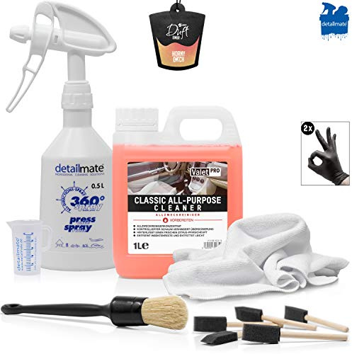 detailmate Autopflege Set - Allzweckreiniger Auto Konzentrat - ValetPRO Classic All Purpose Cleaner 1L + Pinselset + Kwazar Sprühflasche + Innenraum Mikrofasertuch + Duftbaum + Messbecher 50ml