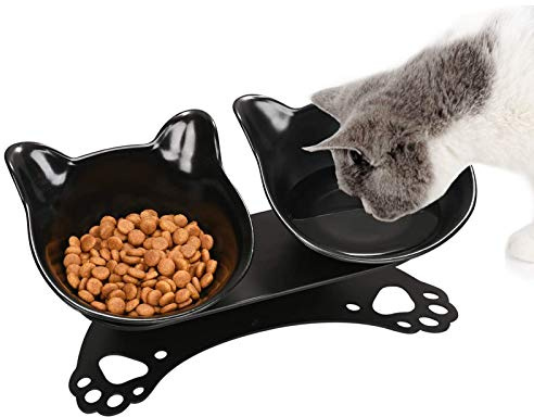 ZONSUSE Ciotola per Gatti,Doppio Gatto Ciotola,Inclinazione 15 ° Riduci la Pressione sulla Colonna Cervicale del Tuo Animale Domestico,Accessori Gatti,Per Animali (Nero)