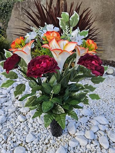 Composition de Fleurs Artificielles en Cône Lesté Ciment pour Une Parfaite Tenue à L' extérieur. Réalisé par nos Soins, Réalisé par nos Soins, Fleurs de Qualité.