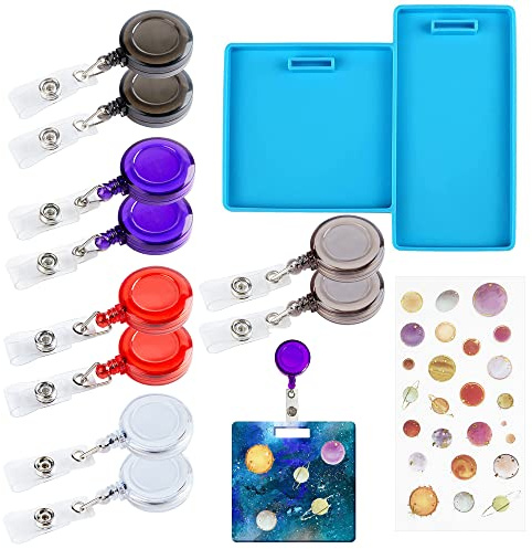Yayatty Silicone Moule pour Badge, Résine Epoxy Couverture de Badge et 10 PCS Porte Badge Enrouleur, Autocollant de remplissage époxy planète