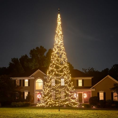 Fairybell Flagpole Outdoor LED Christmas Tree - 8 metres - 1,500 LEDs - LED Christmas Tree for Outside use - Warm White with Twinkle - Pole not Included