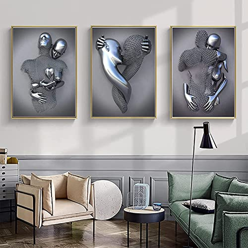 3D Metallfigur Statue Kunst Liebe Herz Kuss Bilder Wandkunst Wohnzimmer Wanddekoration - Ohne Rahmen (Poster-01,60X80cm*3)
