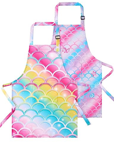 WERNNSAI Kinderschürze - 2 Stück Meerjungfrau Kinder Schürzen Malschürze Kinder Verstellbare Nackenriemen für Mädchen Wasserdicht Kochschürze mit Tasche Kochen Backen Malen Basteln Gartenarbeit