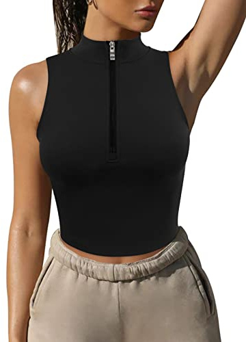 LASLULU Top da allenamento da donna con mezza cerniera Racerback Yoga Canotta corta colletto camicia atletica slim fit crop top reggiseno integrato, nero, S