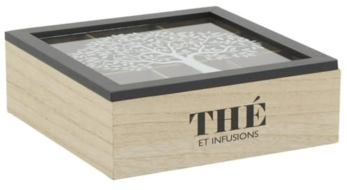 AUBRY GASPARD - Boîte à Thé 9 Compartiments Arbre de Vie - Bois Naturel/Noir - Couvercle Verre - 24 x 24 x 8 cm - Décor Élégant - Organisation Pratique - Poids 0,94 kg