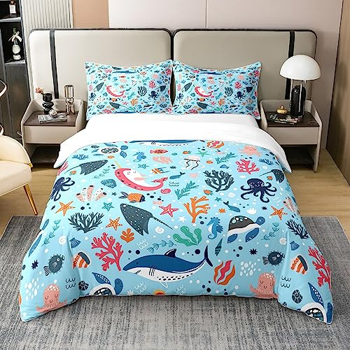 Unterwasser Welt 100% Baumwolle Bettbezug 155x220,Netter Delphin Hai Tröster Abdeckung für Kinder,Bunte Meeresleben Bettwäsche Set,Tintenfisch Quallen Teufel Fisch Seepferdchen Sealife Bett Set,Blau