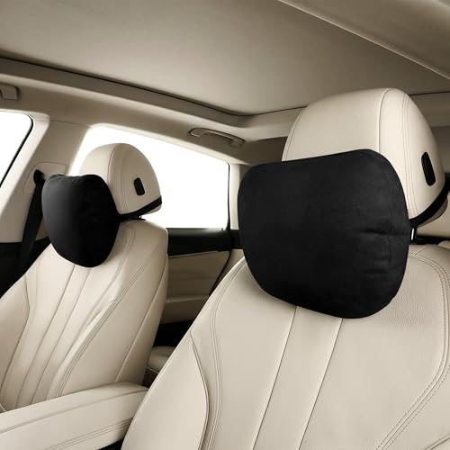 POKSRI 2stk Auto-nackenkissen,kopfstütze Auto nackenstütze,Superfiber Wildleder Unterstützung Kissen,Pflanzenbasiertes Polyester,30x19cm Nachfüllbar&Verstellbar Fahrzeug(Schwarz)