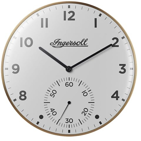 Ingersoll Analoge Wanduhr, leicht ablesbar, 30 cm Durchmesser in goldfarbenem Gehäuse mit weißem Zifferblatt