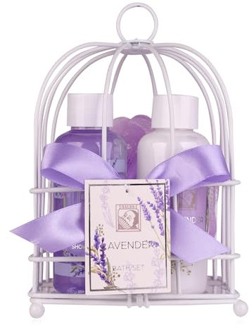 Accentra – Duschset Frauen Geschenkset LAVENDEL in wunderschönem Drahtkorb – 3-teiliges Pflegeset mit Duschgel, Bodylotion und Badeschwamm – Wellness Geschenk Set zum Muttertag & Valentinstag