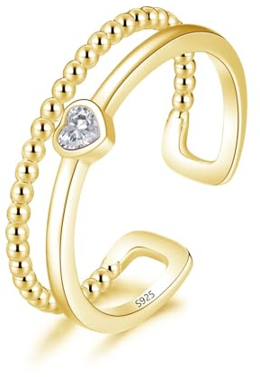 Cangall Silber Damen Ringe, 925 Sterling Silber Offen Verstellbar Doppelringe, Schlicht Offen Ringe Gold Herz Fingerringe Doppelringe Verstellbar Ringe, Minimalist Stapelbar Trauringe Partnerringe