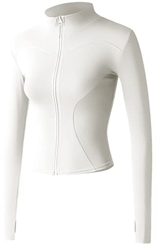 Vanchenl Damen Slim Fit Athletische Full Zip Stretch Leichte Workout Laufjacke mit Daumenlöchern Weiß XS