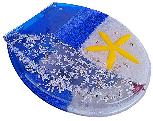 Art 3D-Toilettenabdeckung, robuster Toilettensitz mit Absenkautomatik, Toilettendeckel aus Kunstharz, Seesterne, echte Muscheln und Sand für Toiletten vom Typ U/V/O,F