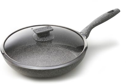 Avilia Poêle avec couvercle anti-adhésif pour induction – effet pierre, cuisson sans huile, poignée ergonomique Soft-Touch, idéale pour viande, poisson et légumes, 28 cm, fabriquée en Italie