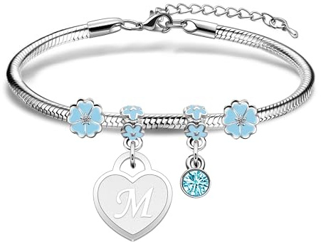 Casxyue Women's Bracelets With Initial Charm Bracelet Silver A-Z Letter Love Heart Pendant Jewellery Birthday Christmas Gifts For Women Teen Girls (M)