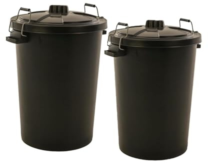 Novostyl 2 PACK - LARGE BLACK GARDEN DUSTBIN- 90L REFUSAL HEAVY DUTY PLASTIC WASTE BIN WITH CLIP LID