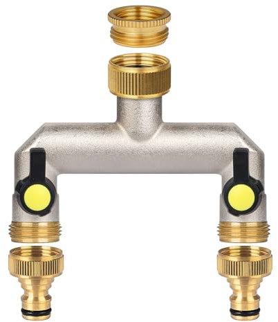 ilauke 2-Wege Wasserhahn Wasserverteiler, Verteiler Wasser 3/4 Zoll Messing Wasseranschluss Verteiler mit 2 Stück 3/4 Zoll auf 1/2 Zoll Hahnanschluss für Haus, Hof, Waschmaschine, Gartenschläuche