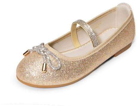 DREAM PAIRS Zapatos De Vestir para Niñas Bailarinas De Flores Sin Cordones para Fiestas, Bodas, Actuaciones, Graduaciones Y Bailes De Fin De Curso,Size 33.5,Oro/Brillo-Brillo,SDFL2409K