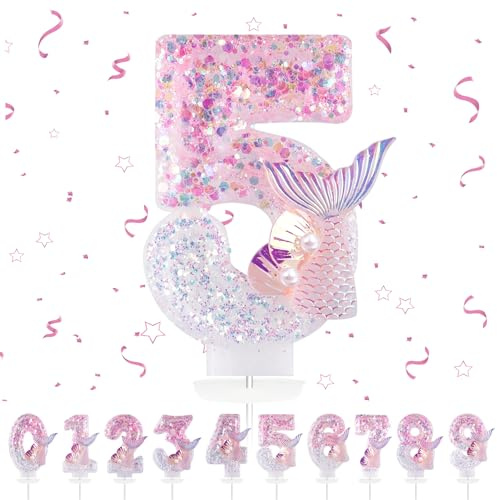 Geburtstagskerzen Zahlen 5,3D Meerjungfrau Geburtstagskerzen,Rosa Geburtstag Kerzen 5, Kuchen Topper Dekoration Kuchendeko Geburtstag, Geburtstagskerzen für Geburtstagsdeko