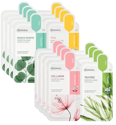 Mediheal Sheet Mask New Essential HERO 16 pack (Collagen, Tea Tree, Madecassoside, Vita) | Korean Skincare Facial Sheet Mask Combo Kbeauty Korean Glass Skin