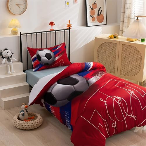 Odot 3 Pezzi Bambini Completo Letto Singolo, Microfibra Set Copripiumino con Chiusura a Zip e 2 Federe 50 * 75cm per i Dormitori Scolastici (210 * 210cm,Calcio Rosso)