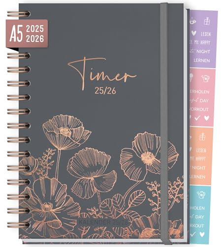 Häfft-Timer Fancy 2025/2026 A5 Poppy Schülerplaner mit Hardcover und Spiralbindung für Oberstufe, Ausbildung, Studium, Laufzeit Aug 2025 - Sep 2026 – nachhaltig & klimafreundlich