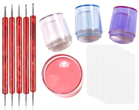 TOROKOM Nagel Stamper Kit Clear Blue Pink Purple 4pcs Silikon Nagelkunst Stempe ln mit 5 Stks Punkte Malerei Stiftkappe transparentes Weichgelee -Stamper für Manikürewerkzeuge (4 Farben Pen）