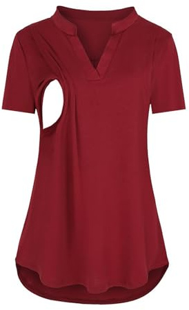 Stillshirt Kurzarm Rot Umstandsmode Oberteil Nursing Shirt Breastfeeding Schwangerschaftskleidung Sommer T Shirts Schwangerschaft Umstandstop Mit V-Ausschnitt