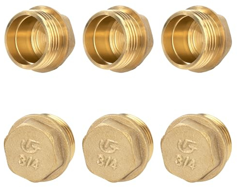 Tappi in Ottone, 6 Pezzi 3/4 Pollici Maschio Filettatura Tappo di Chiusura per Tubo, Raccordi Idraulici Esagonale per Lavatrice, Valvola del Radiatore, Rubinetti