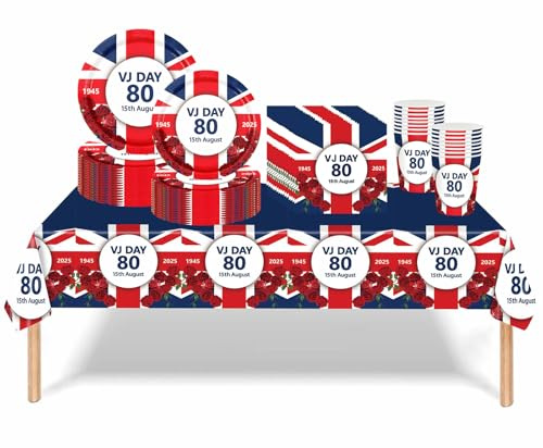 69Pcs VJ Day 80th Anniversary Party Tableware,Celebration VJ-Day 80th Paper Plates Cups and Napkins Memorabilia Union Jack Tablecloth Victory in Europe,VJ 80 Years Dinnerware Kit for Celebrat Décor