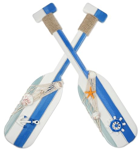2 Pack 19.8 Inch Nautical Wooden Double Oar Decor with Rope Nautical Oar Paddles Wall Decor Door Hanging Ornament Beach Theme Home Decoration（Blue1）