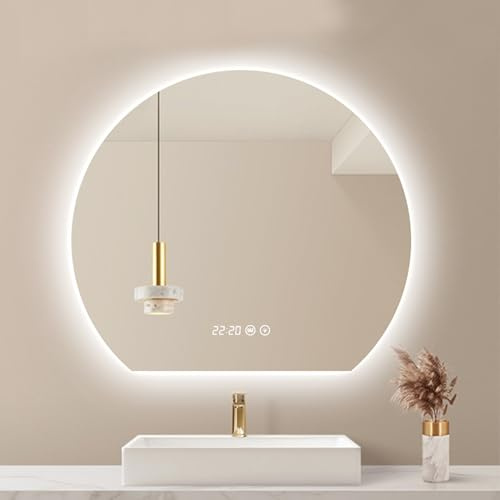 JSLJDM Specchio semicerchio con LED,Specchio da Bagno Moderno,Specchio Bagno Mezzaluna,con Taglio Giù,Disappannamento dimmerabile a 3 Colori,Visualizzazione dell'ora